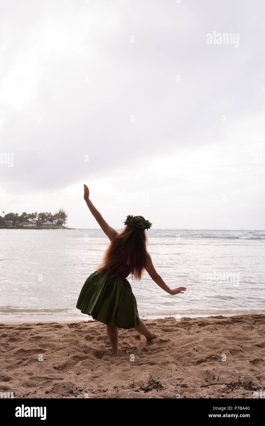 Hawaii hula dancer in costume dancing Stock Photo