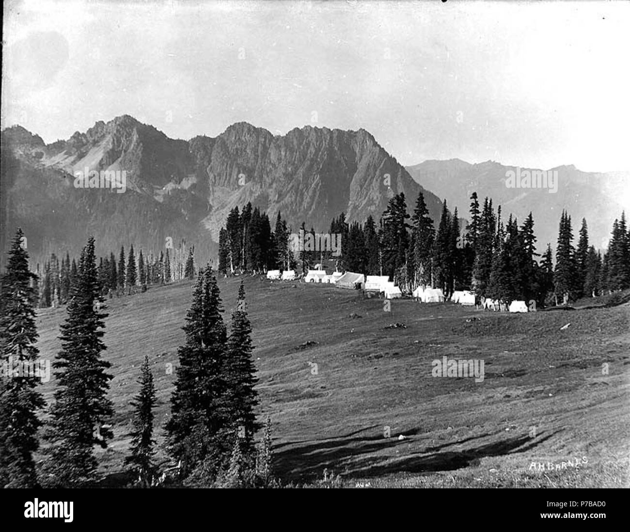 . English: John Reese's tent hotel camp known as Camp of the Clouds below Alta Vista, upper Paradise Valley, Mount Rainier National Park, Washington, 1905. English: On sleeve of negative: Paradise. Reeses camp in 1905 Subjects (LCTGM): Tents--Washington (State)--Mount Rainier National Park; Valleys--Washington (State) Subjects (LCSH): Camp sites, facilities, etc.--Washington (State)--Mount Rainier National Park; Camp of the Clouds (Wash.); Paradise Valley (Lewis County and Pierce County, Wash.); Mount RainierCamp of the Clouds National Park (Wash.)  . 1905 47 John Reese's tent hotel camp known Stock Photo