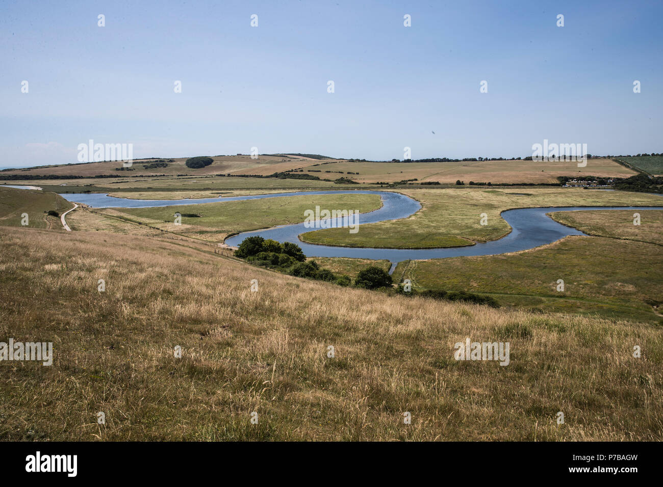 Cuckmere River estuary, meandering river, tidal river, river estuary in East Sussex on the south coast of England. Stock Photo