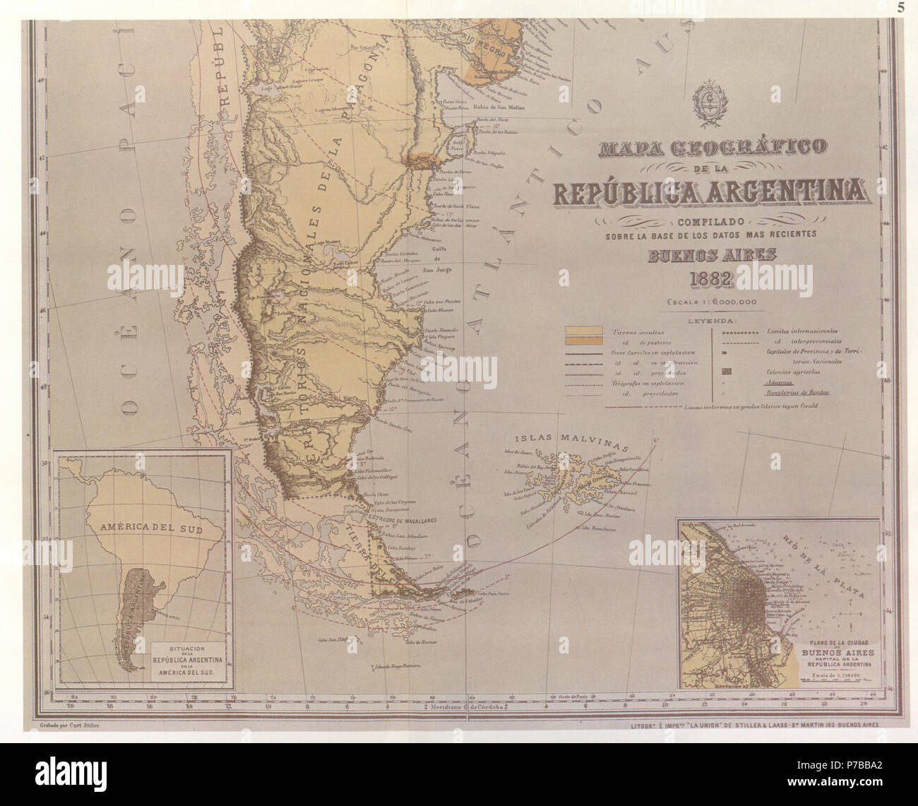 Partial view of the Latzina map of 1882. The first official argentine map, produced, after the Boundary Treaty of 1881. It was ordered to be drawn up by the then Argentine Minister of the Interior, Bernardo de Irigoyen for inclusion in an official publication issued by the Director of the National Statistics Office in 1883 under the title 'The Argentine Republic as a field for European Emigration'. This was published in Spanish, English, German, French and Italian in a edition of 120,000 copies. See [1]. The Latzina map of 1882 proved to be significant in the ICJ case between Argentina and Chi Stock Photo