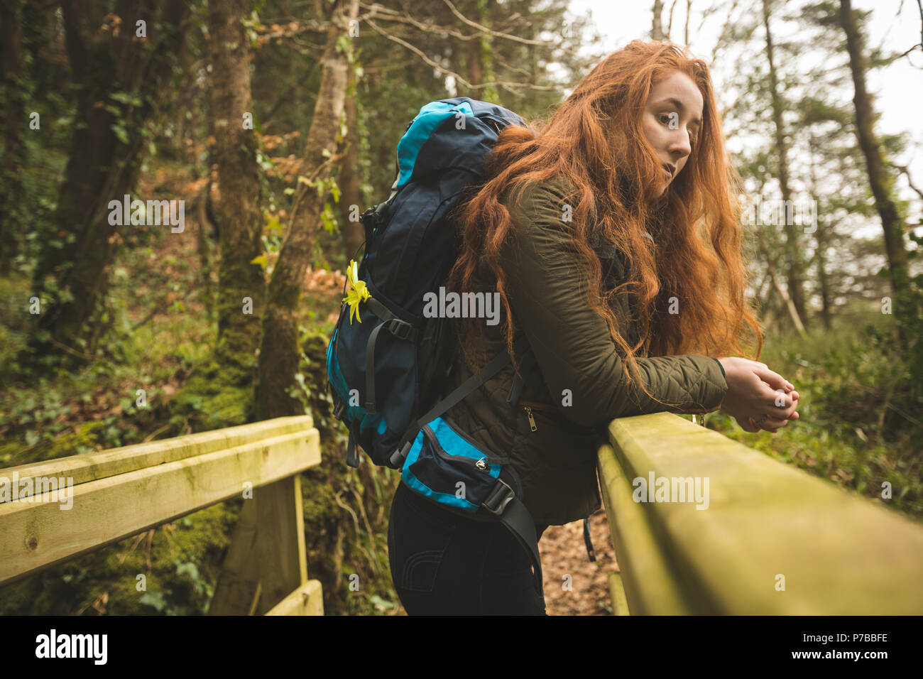 Female hiker with backpack looking around in the forest Stock Photo - Alamy