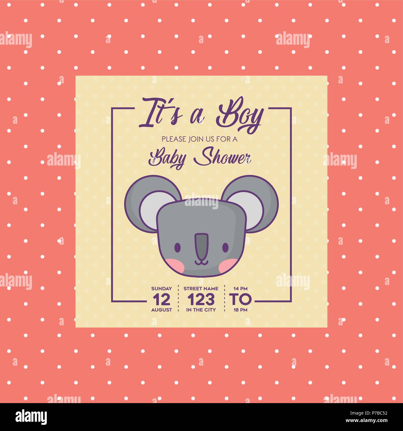 Baby shower Invitation with cute koala icon over orange dots background ...