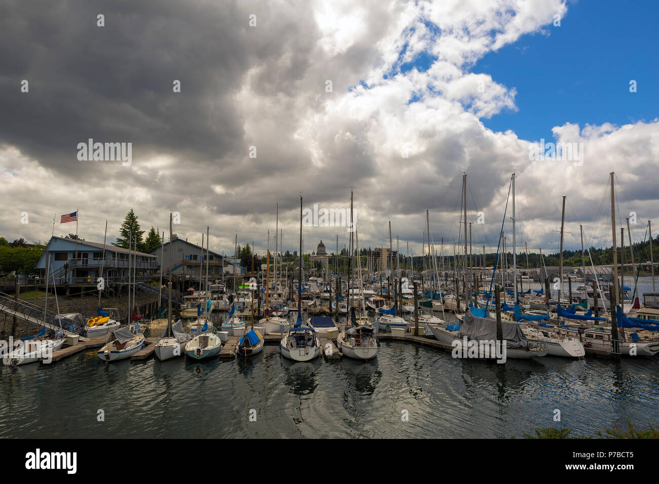 Marina in Olympia Washington State by Capitol building on a cloudy day Stock Photo