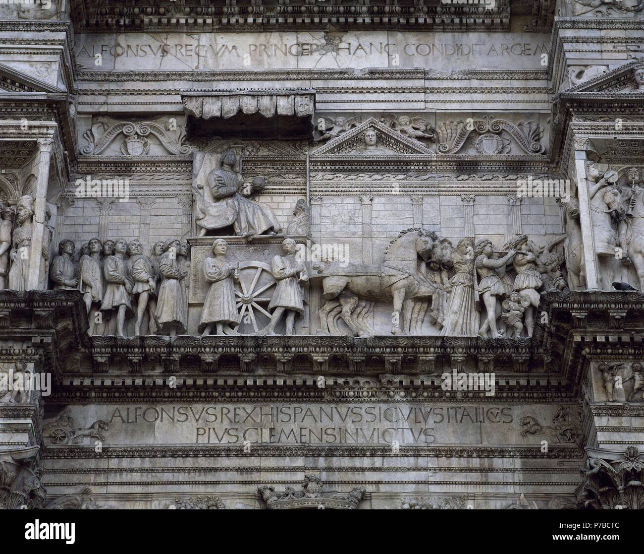 Alfonso V of Aragon (1396-1458). King of Aragon, Naples and Sicily. Detail of a triumphal arch depicting a quadriga carrying the king Alfonso V of Aragon (1396-1458) in their entrance to Naples, 1443. By Francesco Laurana (1430-1502), 1452-1456. Castel Nuovo. Naples. Italy. Stock Photo