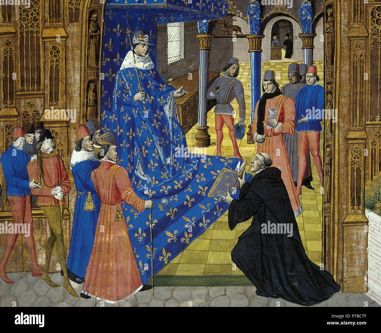 John II of France (1319-1364). King of France. Miniature depicting King John II receiving the translation of Livy of Pierre Bersuire (h. 1290-1362). Chantilly Castle. France. Stock Photo