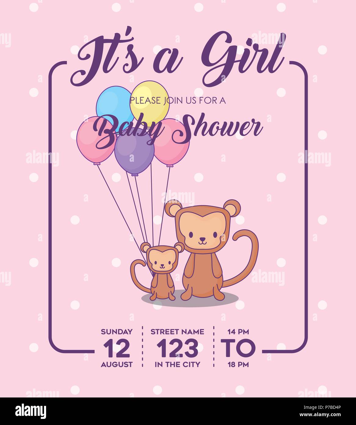 Baby Shower Invitation With Monkeys With Balloons Icon Over Pink Baby Shower Invitation With Monkeys With Balloons Icon Over Pink
