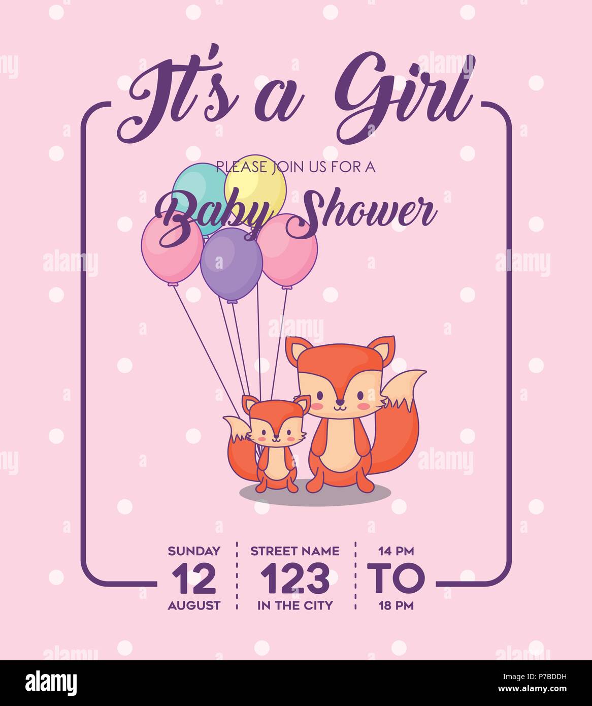 Its a girl Baby shower Invitation with foxes with balloons icon over purple background, colorful design. vector illustration Stock Vector
