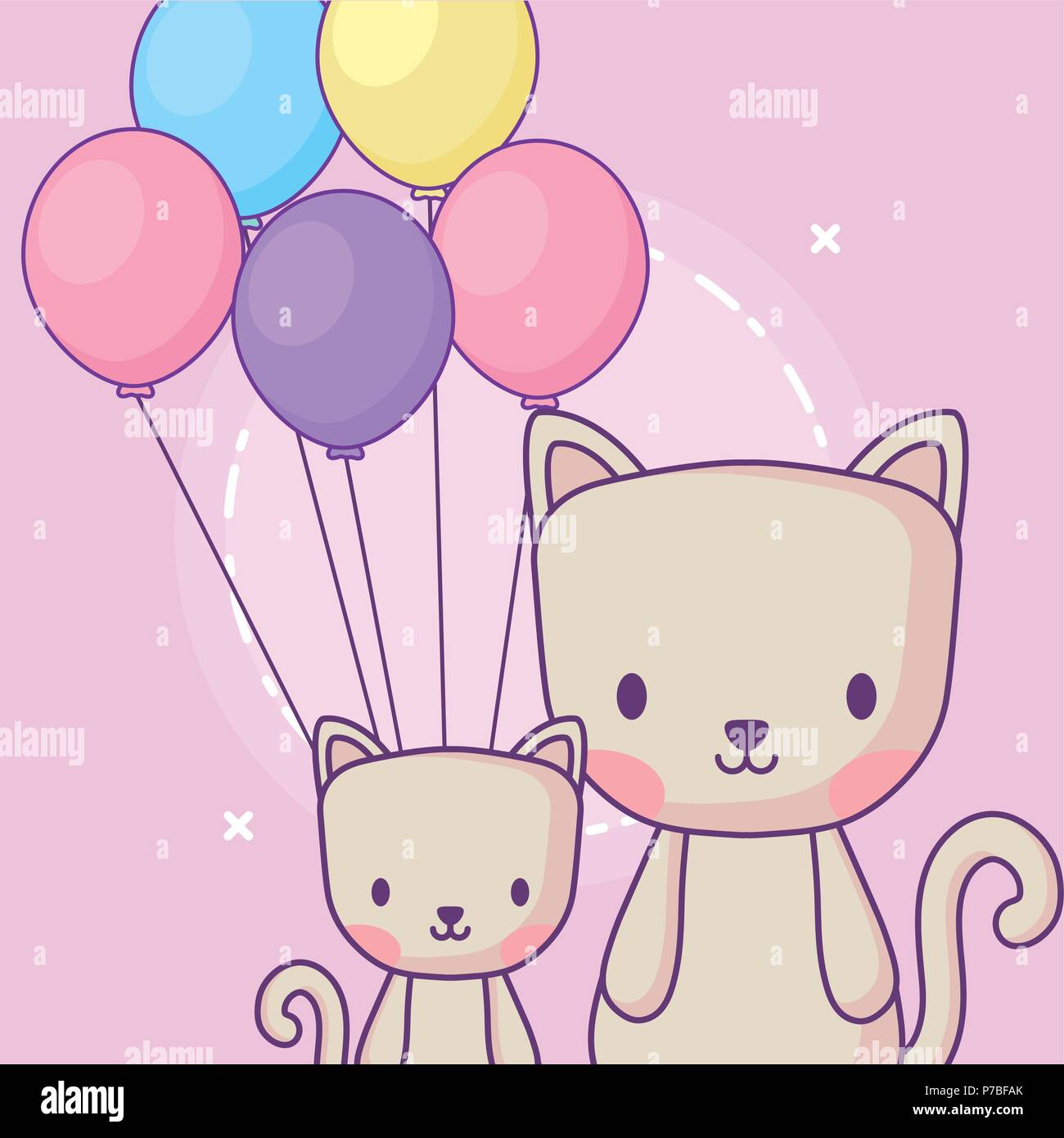 cute cats with balloons over pink background, colorful design. vector