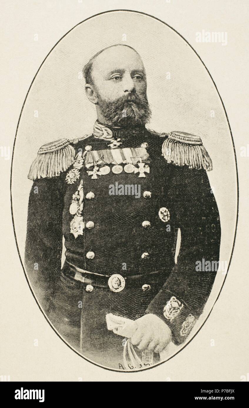 Vsevolod Fyodorovich Rudnev (1855-1913). Naval officer in the Imperial Russian Navy. Portrait. Engraving in "La Ilustracion Espan_ola y Americana", 1904. Stock Photo