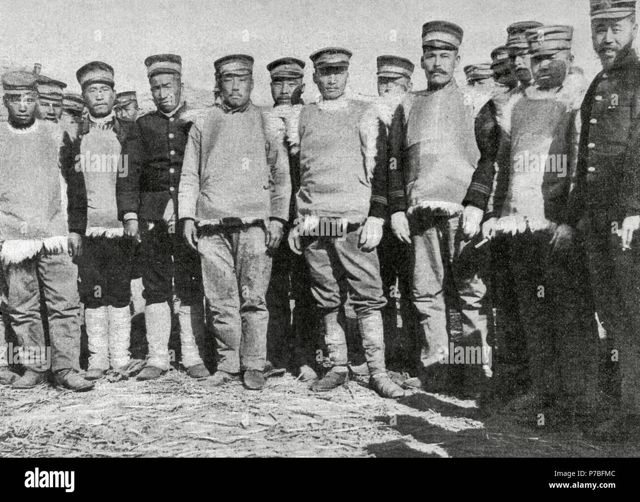 Russo-Japanese War (1904-1905). Japan went to war with Russia in order to ensure the interests in Korea and South Manchuria. Japanese soldiers of the Cha Ho's army with their winter outfits. Photography of the Collier's Weekly. The Artistic Illustration. Stock Photo