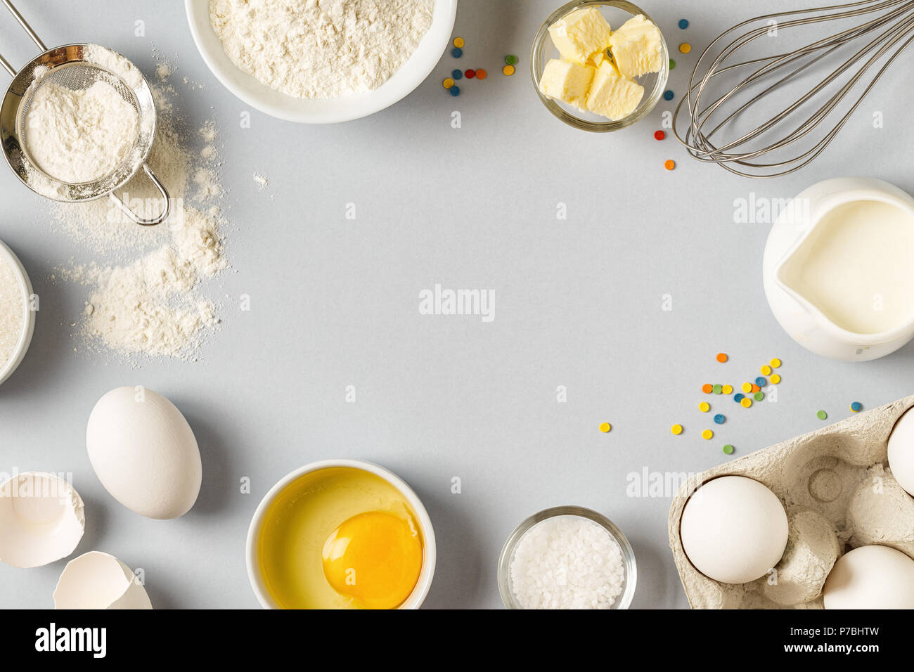 Background with ingredients for cooking, baking, flat lay, top view. Stock Photo