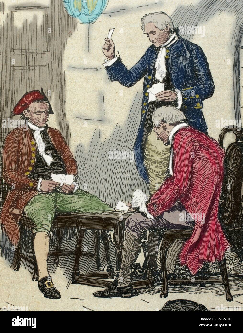 French revolution. 1789-1799. Count of Ferrers playing cards with his jailers before his execution. Engraving.19th century. Colored. Stock Photo