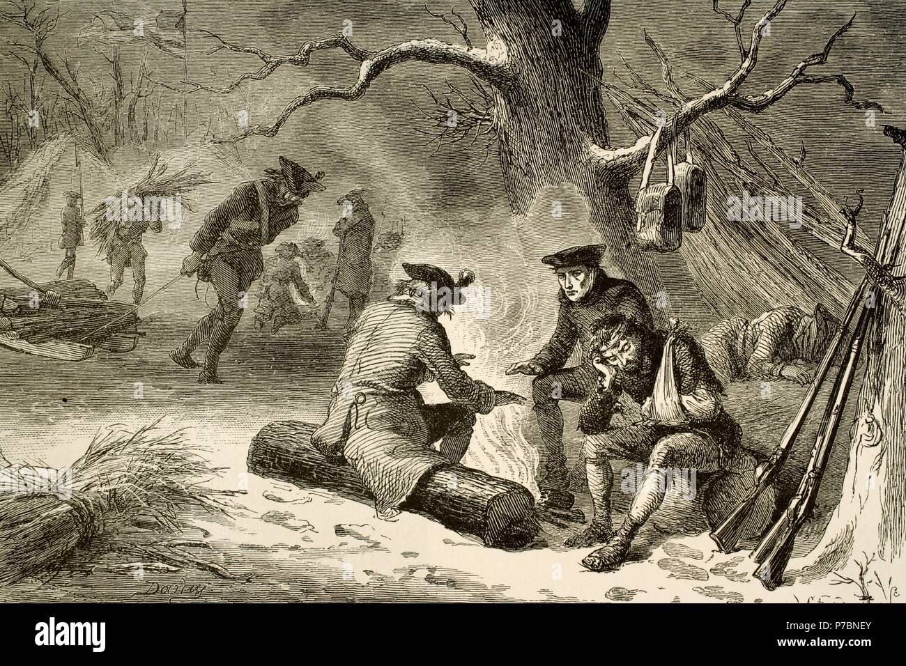 American Revolutionary War (1775-1783). Valley Forge. Pennsylvania. Continental Army's camp in winter, 1777-1778. Engraving by A. Bobbet. 'American Revolution'. 19th century. Stock Photo