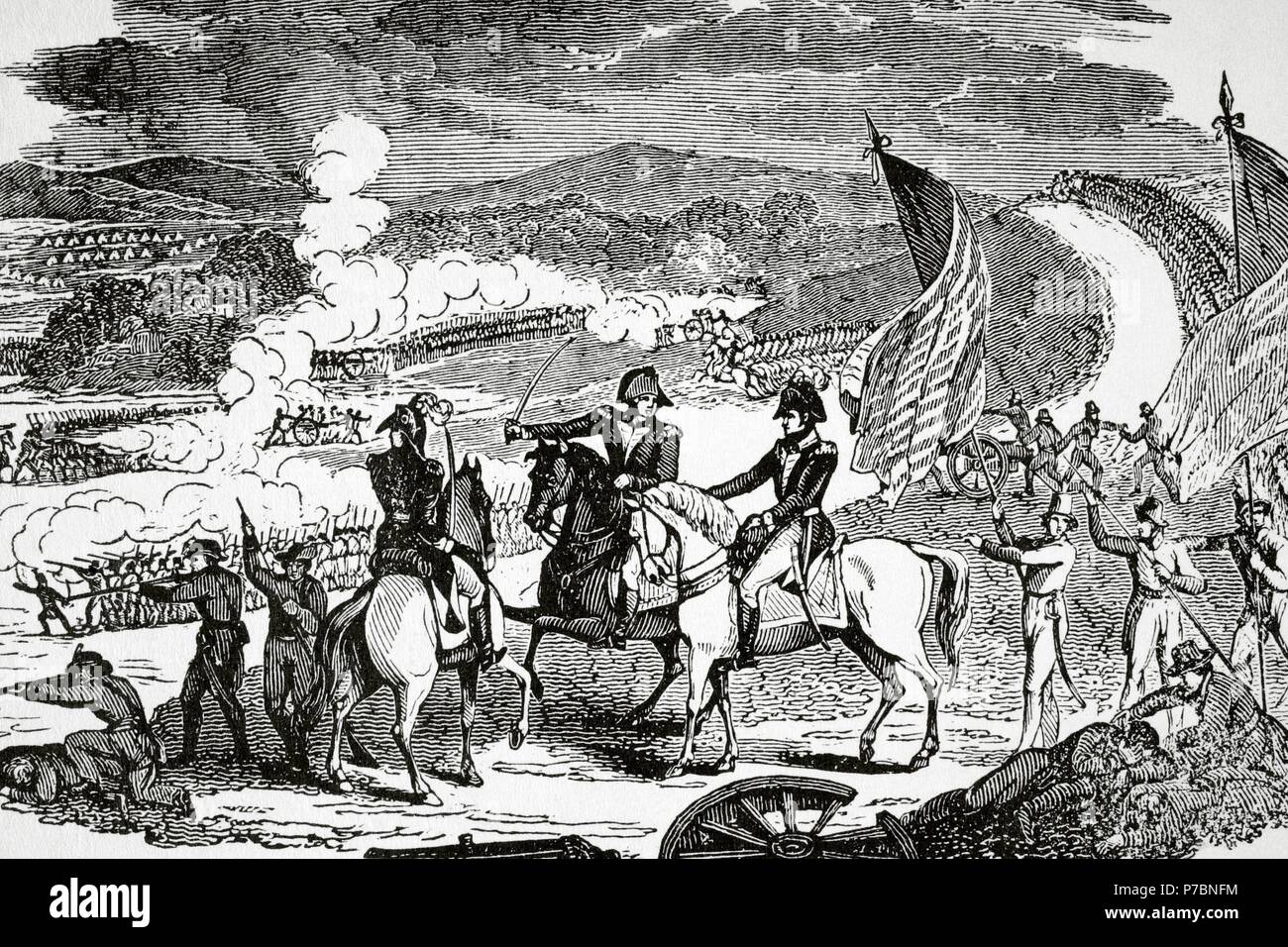 American Revolutionary War (1775-1783). Battles of Saratoga (1777). First Saratoga: Battle of Freeman's Farm (September 19th, 1777). Engraving. Stock Photo