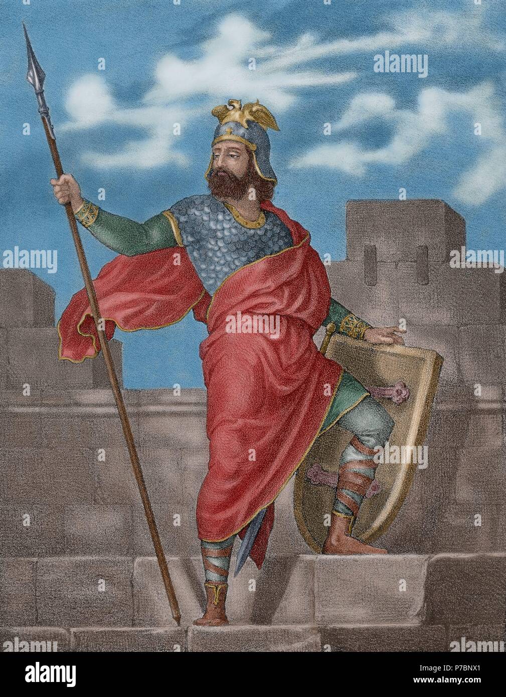 Alfonso II of Aragon called the Chaste (1154-1196). King of the Kingdom of Aragon. Engraving in Spain Illustrated History, 19th century. Colored.