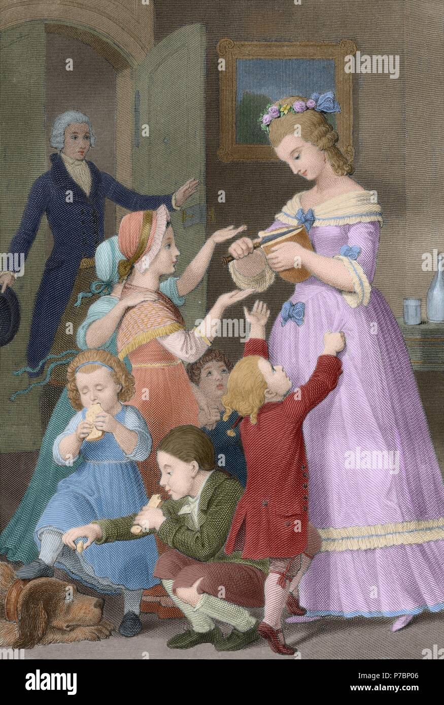 Johann Wolfgang von Goethe (1749-1832). German writer. The Sorrows of Young Werther, 1774. Engraving depicting Werther surprises Charlotte surrounded by children. Edition of 1837. Colored. Stock Photo