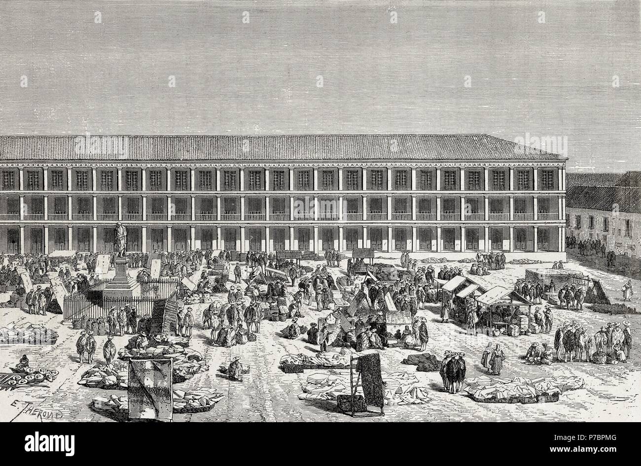 South America. Colombia. Santa Fe of Bogota. Main Square at a market day. Engraving, 1879. Stock Photo