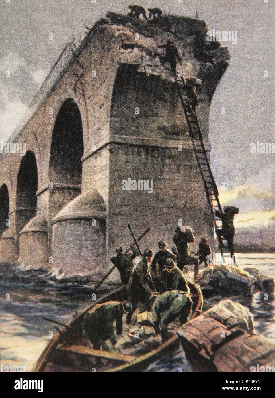World War I (1914-1918). Assault bridge  in Piave river 'Fiume Sacro alla Patria' (River Sacred to the Country) in memory of the hard battles fought on tis banks during WWI, 1916. Drawing by Achille Beltrame (1871-1945). La Domenica del Corriere, 1916. Stock Photo