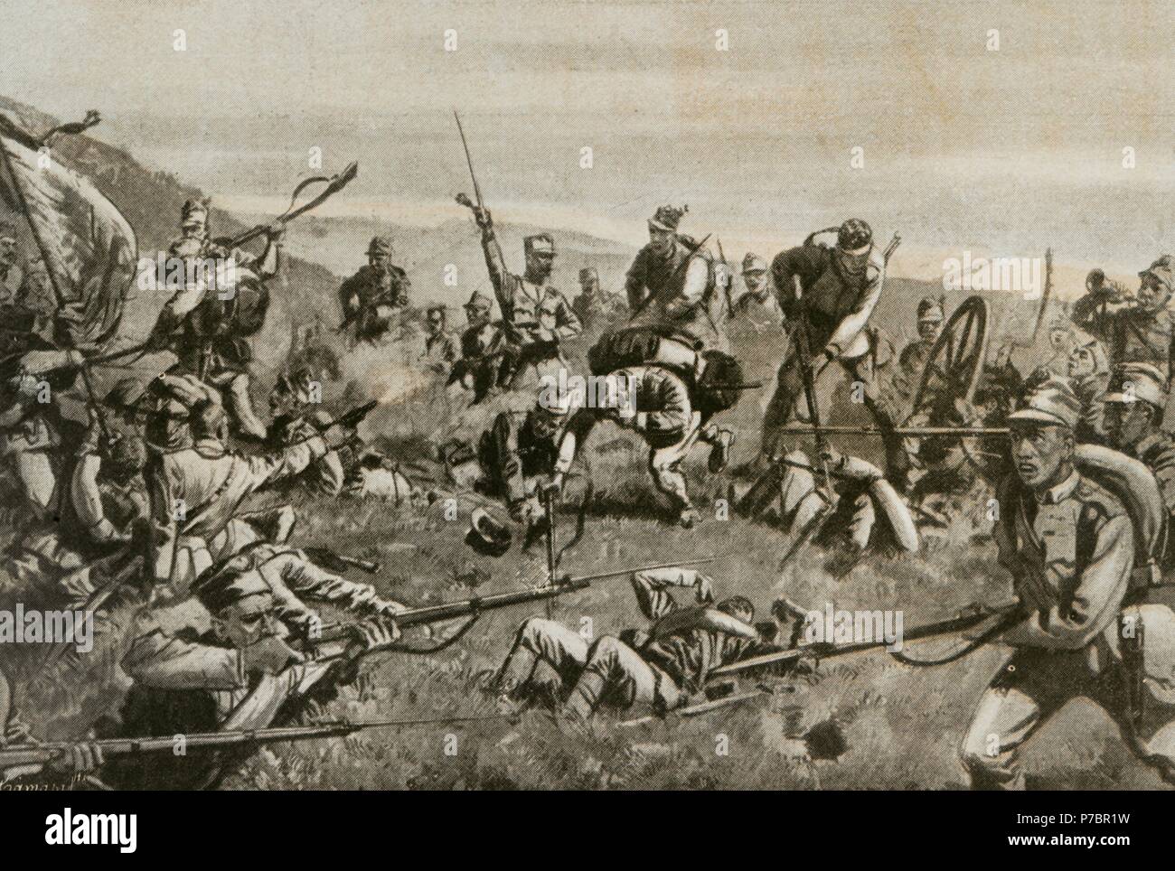 World War I (1914-1918). Serbian military confrontation (Allies) with infantry Hungarian-Croatian (Central Powers), near river Drina, between Loznica and Ljes nica, Serbia. Engraving.'La Esfera', 1915. Stock Photo