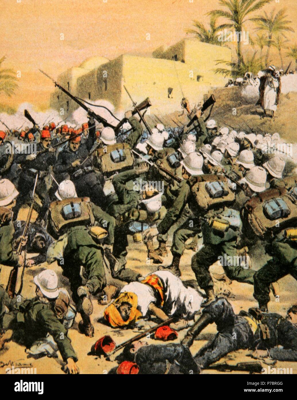 Italo-Turkish War. Conflict between the Ottoman Empire and Kingdom of Italy, 1911-1912. Conquest of Benghazi city, 1911. Drawing by Achille Beltrame (1871-1945). La Domenica del Corriere, Italy, 20th century. Color. Stock Photo