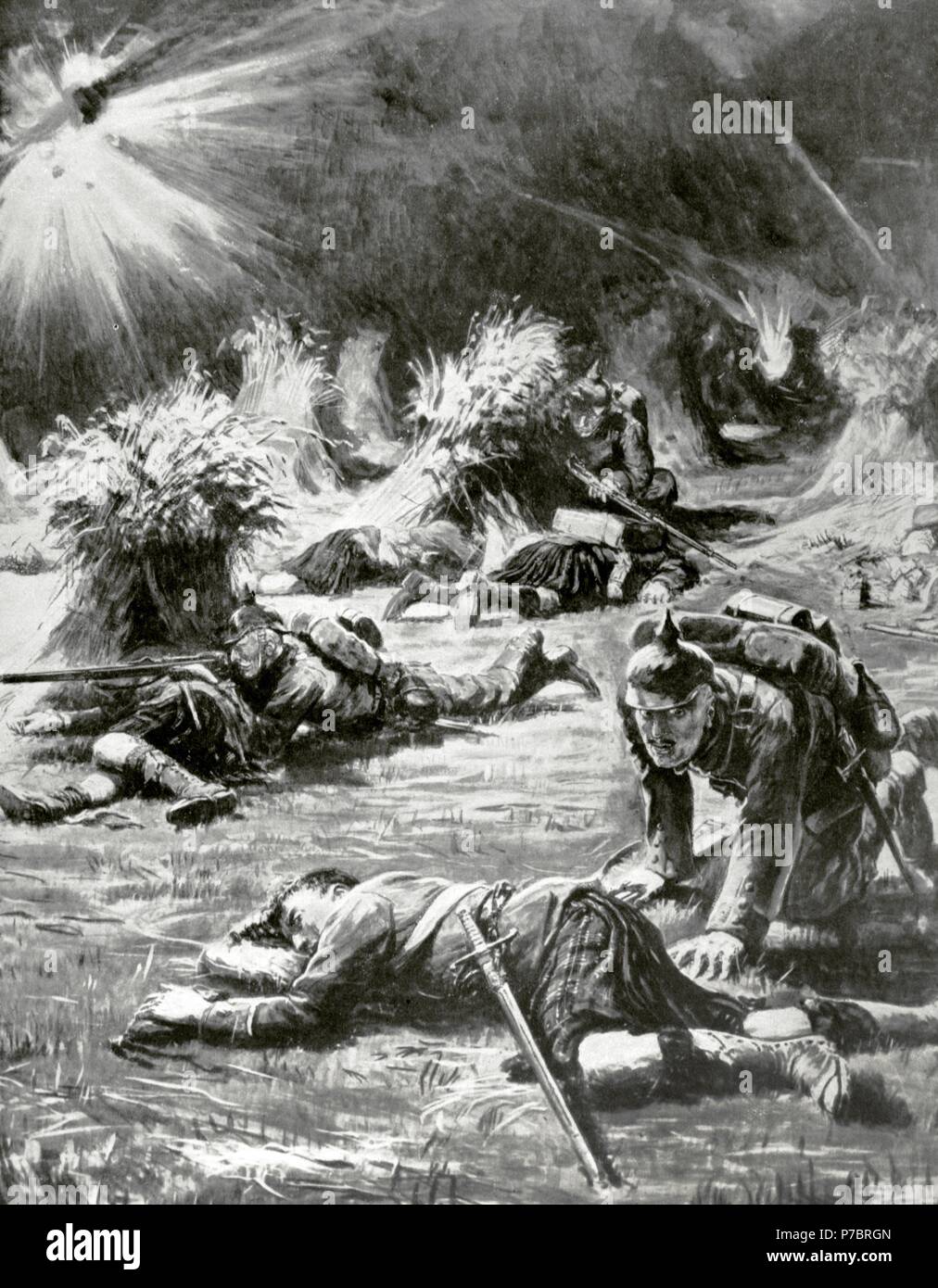 World War I (1914-1918). Night attack of an English position near Aisne, France. The Germans used to protect the bodies of the dead Highlanders. Drawing by Philip Dadd (1880-1916). The Sphere, London, 20th century. Stock Photo
