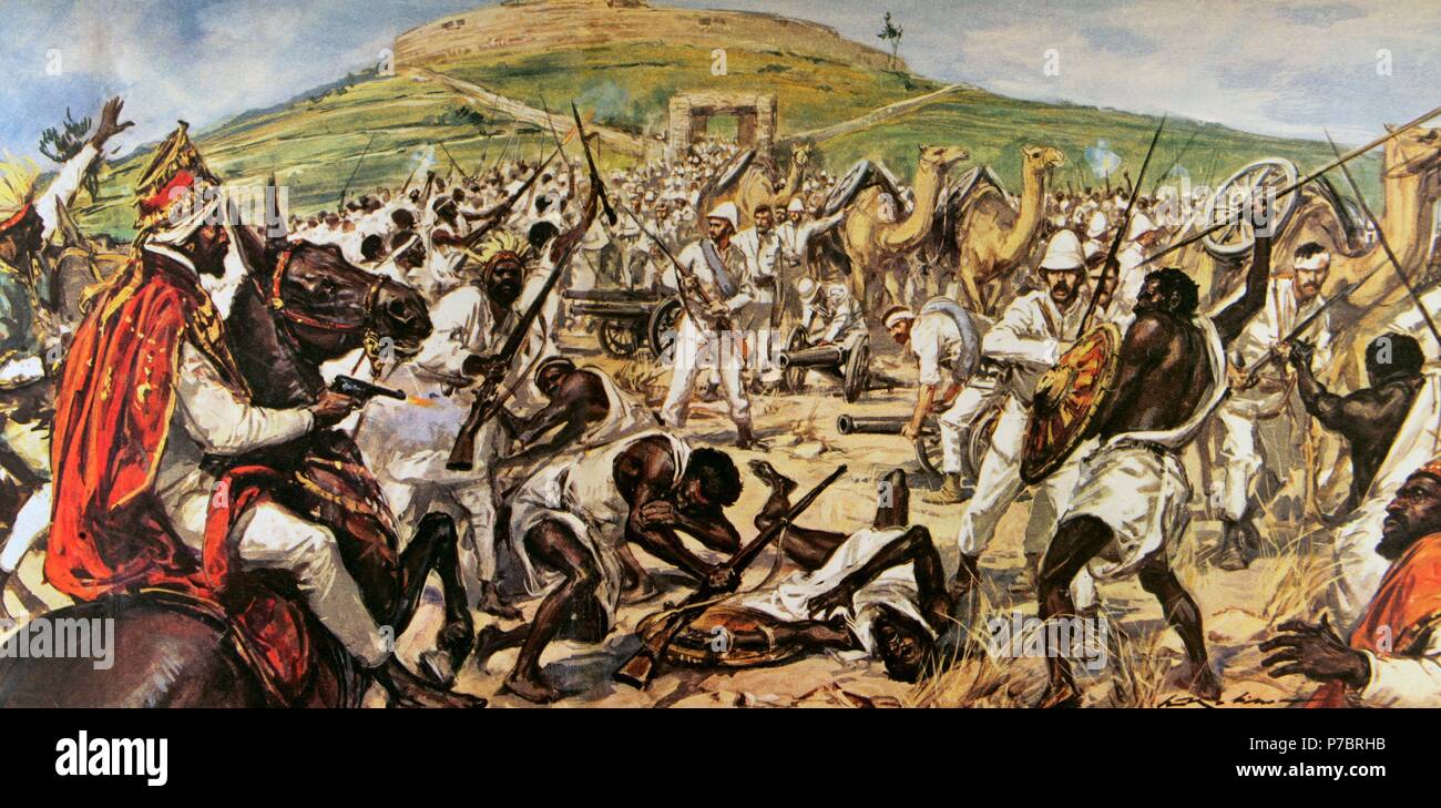 First Italo-Ethiopian War. Conflict between Italy and Ethiopia, 1895-1896. Ras Makonnen(1852-1906) fighting Italian troops during the siege of Mekele, 1896. Drawing by Walter Molino (1915-1997). La Domenica del Corriere. Stock Photo