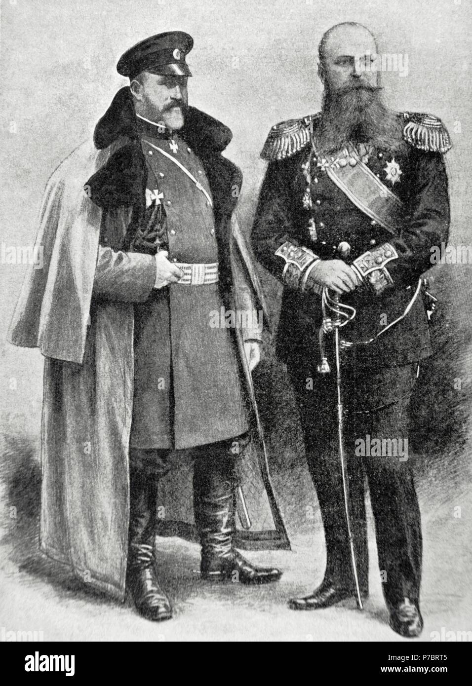 General Alexei Nikolayevich Kuropatkin (1848-1925), Russian Imperial Minister of War and commander-in-Chief of the Russian armies in Manchuria next to Stepan Osipovich Makarov (1849-1904), Russian vice-admiral. Portrait. Engraving in 'La Ilustracion Espanola y Americana', 1904. Stock Photo