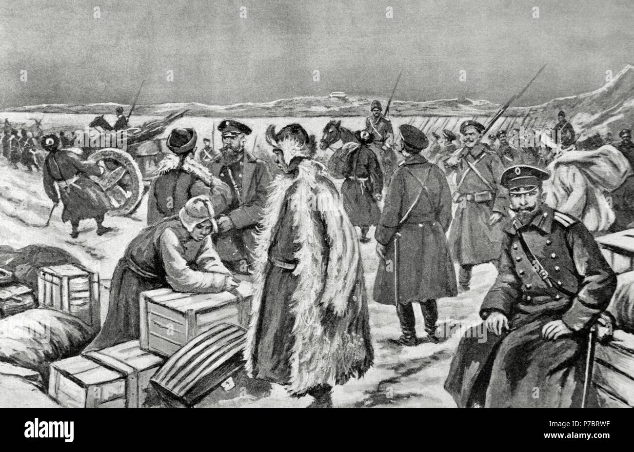Russo-Japanese War (1904-1905). Russian army on the banks of the Yalu River, territory of Korea. Engraving. 'La Ilustracion Espanola y Americana', 1904. Stock Photo