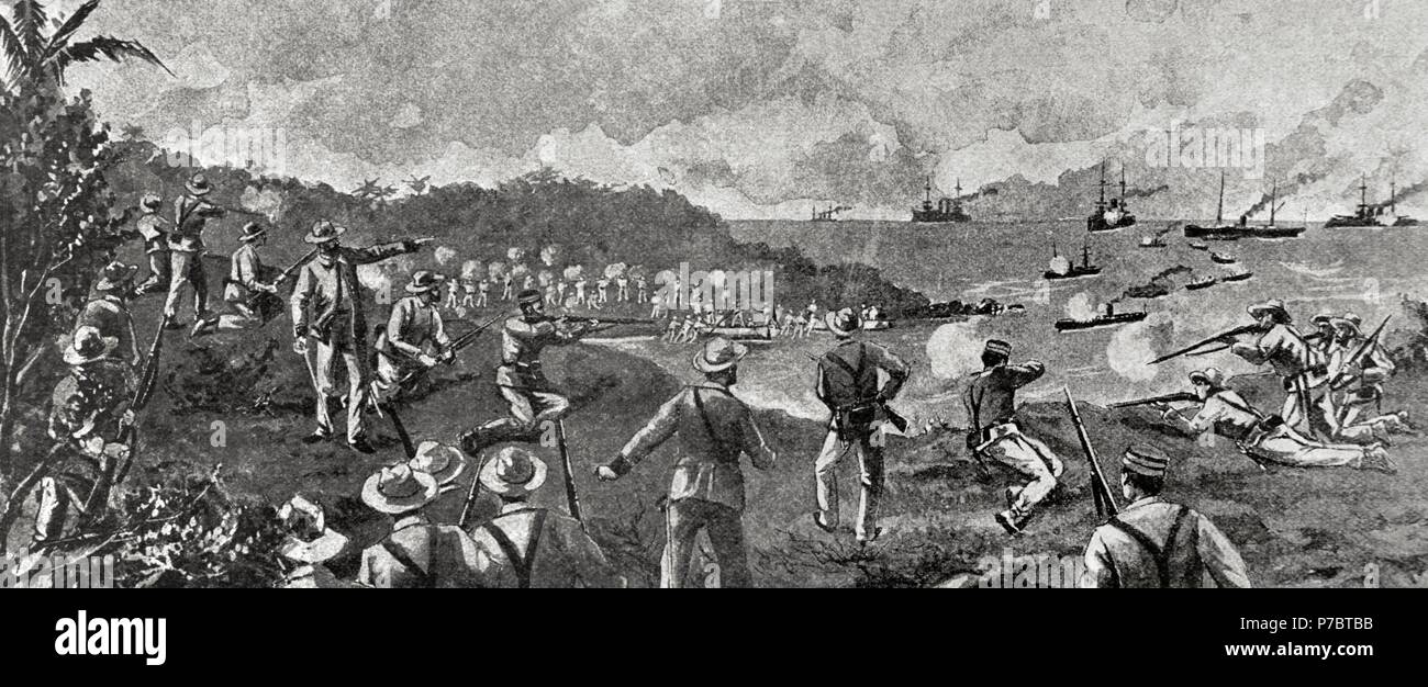 Spanish American War Between Spain And The Usa In 1898 Due To The Us Intervention In The Cuban War Of Independence Cuba The Spanish Troops Repel A Yankee Disembark Near The Caimanera In