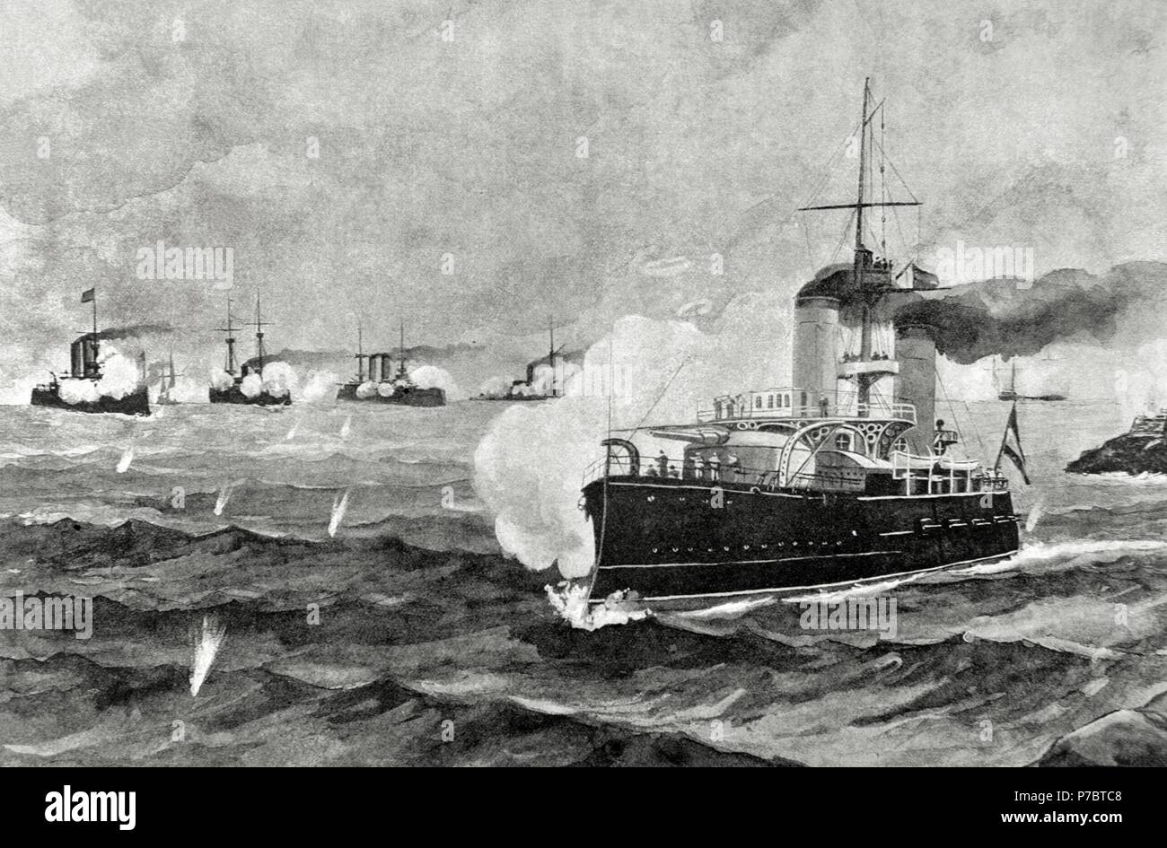 Spanish-American War, between Spain and the USA in 1898, due to the US intervention in the Cuban War of Independence. Cuba. The cruiser Colon, leaving the Bay of Santiago, disperses the Yankee ships that bombed the site on 31st of May. Engraving. ' La Ilustracio n Iberi ca', 1898.'. Stock Photo