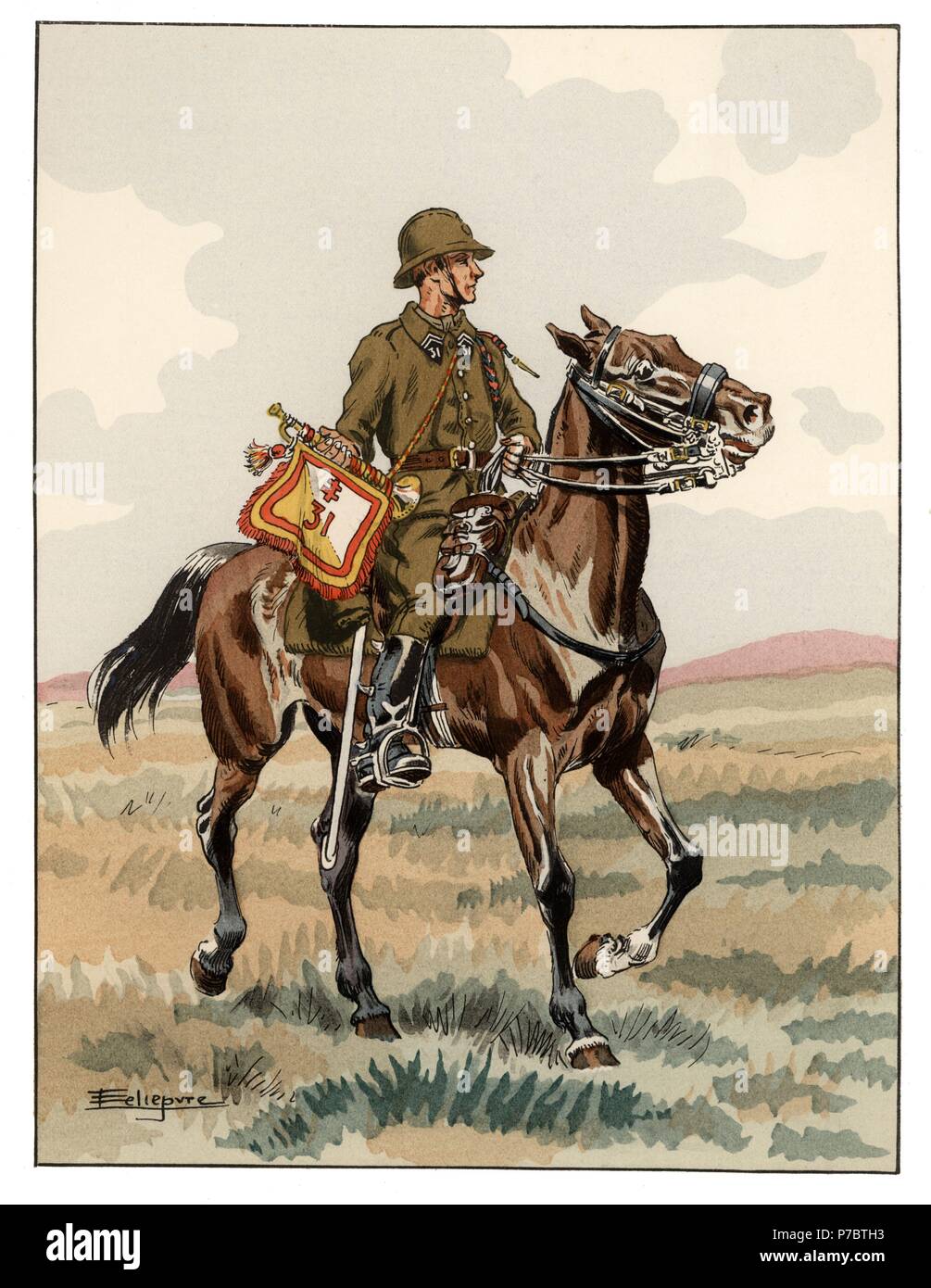 Francia. Músicos de tropas a caballo. Trompeta de Dragones de 1939. Colección editada por el comandante Eugène Louis Bucquoy (1879-1958). Año 1943. Stock Photo