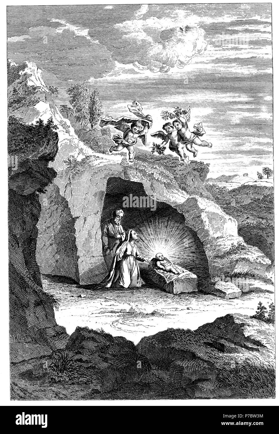 Historia sagrada. Vista de la cueva de Belén con el nacimiento de Jesús. Grabado de 1862. Stock Photo