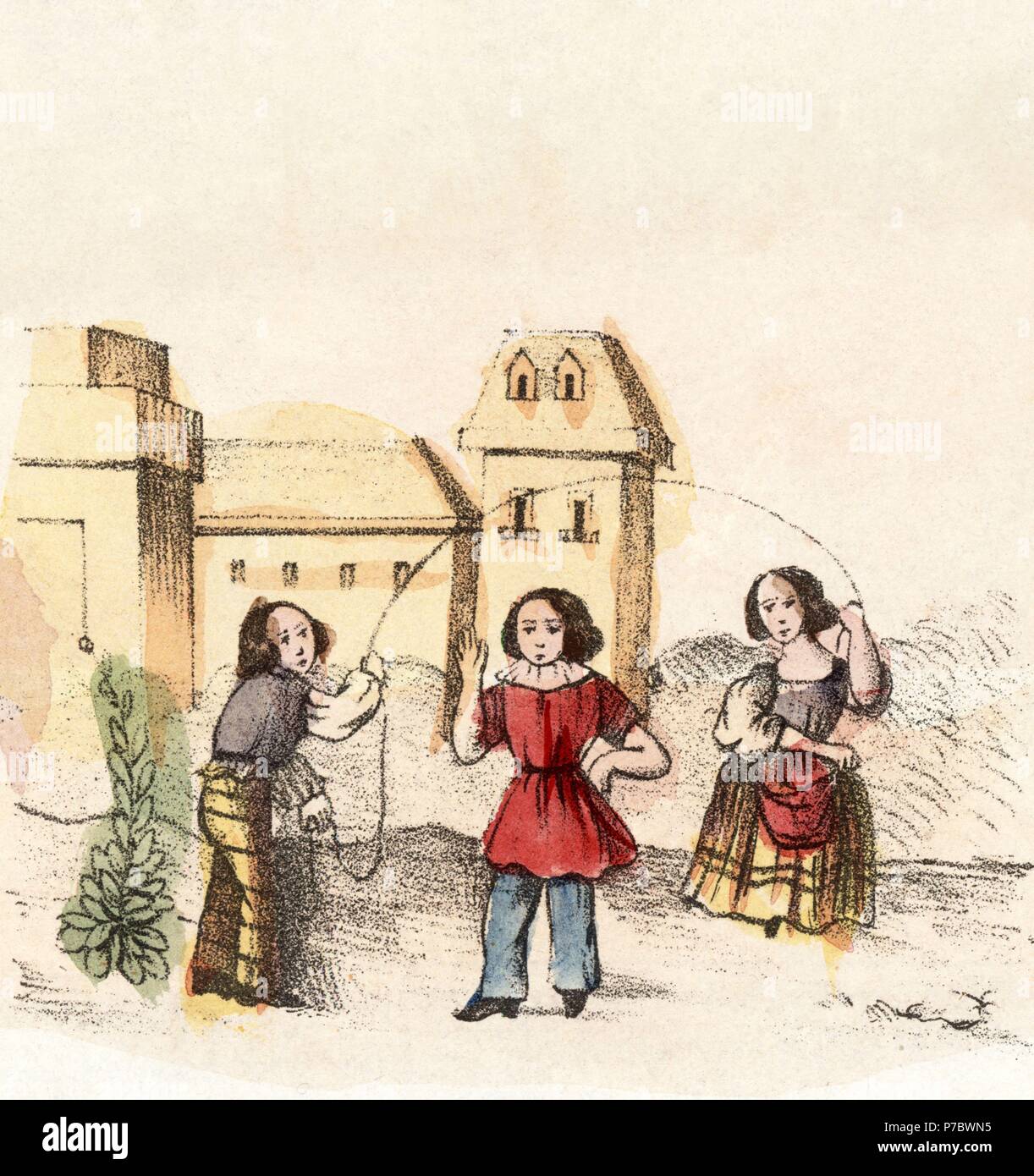 Juegos infantiles. Niñas saltando a la comba con una cuerda. Grabado popular coloreado a mano. Siglo XVIII. Stock Photo