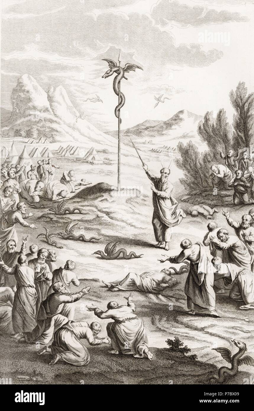 Historia sagrada. Moisés amenazando a los israelitas con serpientes aladas por sus muestras de paganismo. Grabado de 1862. Stock Photo