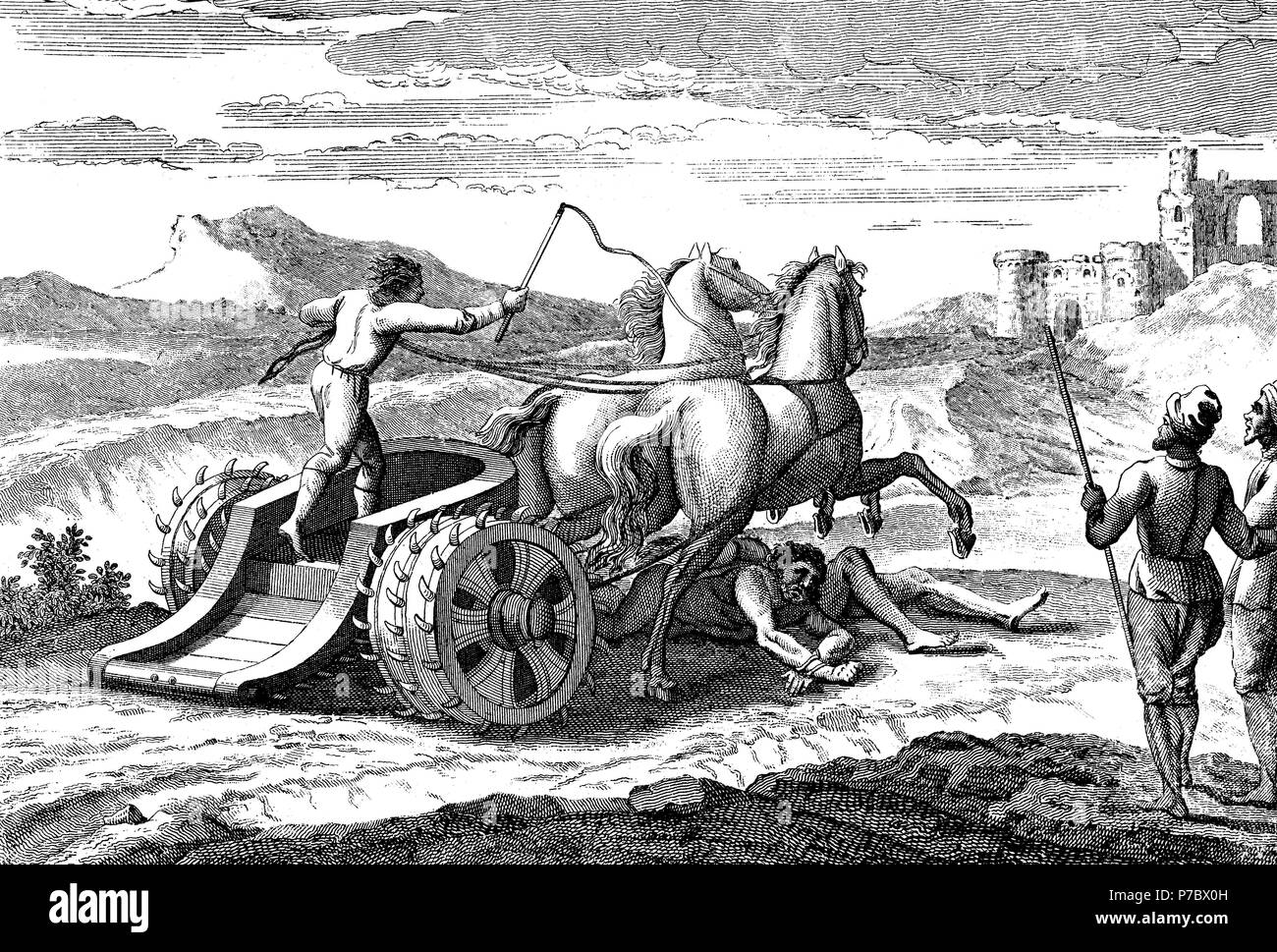 Historia sagrada. Ejecución de dos condenado aplastados bajo un carro dotado de ruedas con puntas de hierro. Grabado de 1862. Stock Photo