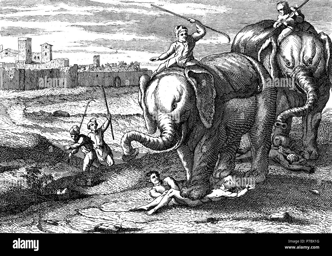 Historia sagrada. Elefantes aplastando con sus patas los cuerpos de dos condenados. Grabado de 1862. Stock Photo