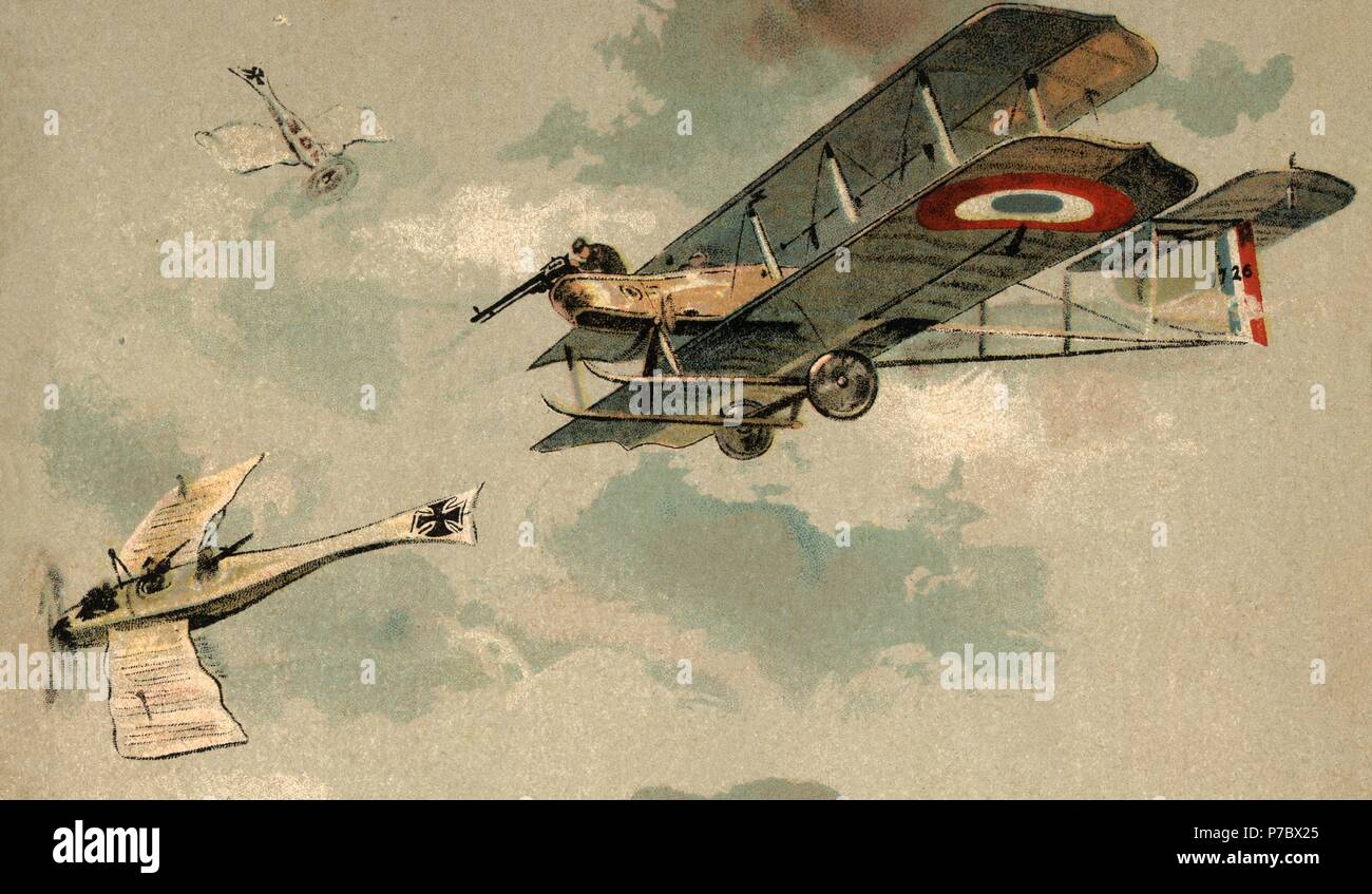 Europa. Primera guerra mundial (1914-1918). Batalla aérea entre aviones franceses y alemanes. Dibujo de 1919. Stock Photo