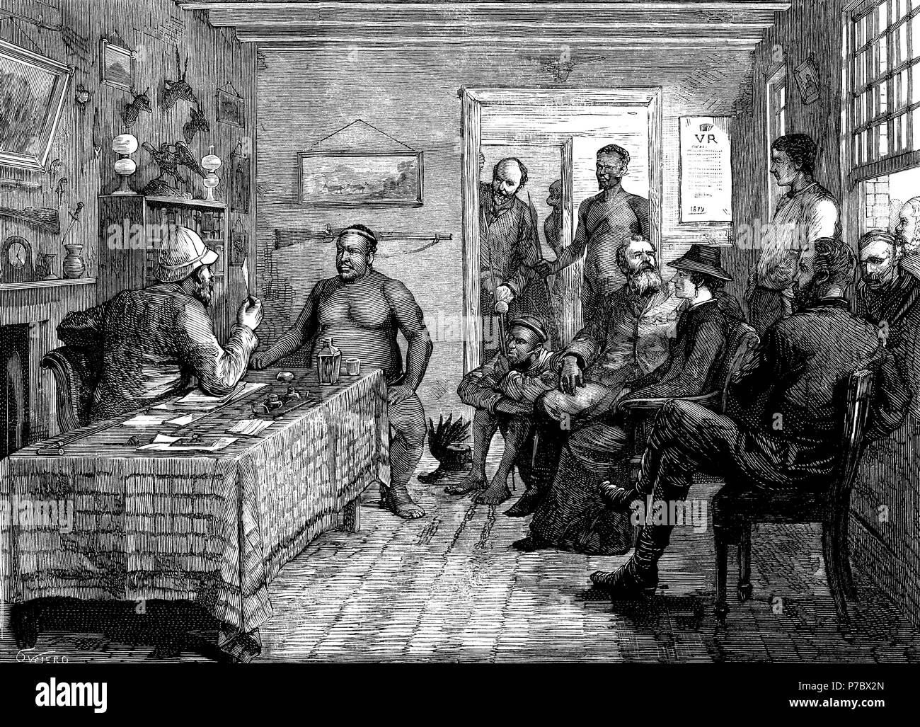 Sudáfrica. Conversaciones de paz con el líder zulú Cetshwayo kaMpande (1826-1884) en el marco de la guerra anglo-zulú. Grabado de 1879. Stock Photo