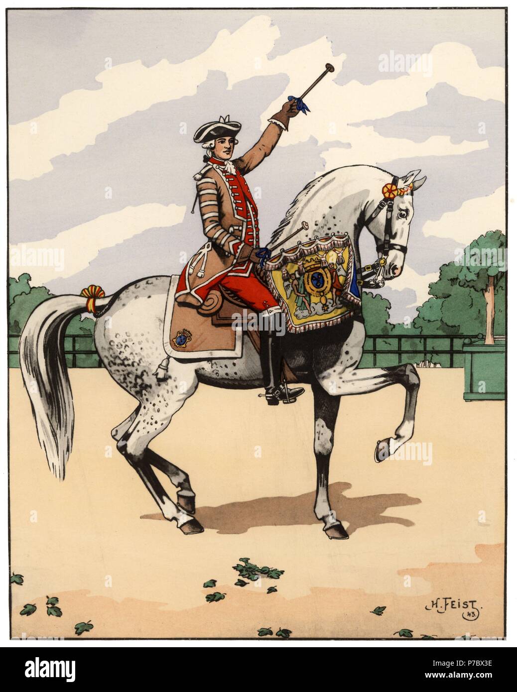 Francia. Músicos de tropas a caballo. Timbalero de Condé hacia 1767. Colección editada por el comandante Eugène Louis Bucquoy (1879-1958). Año 1944. Stock Photo
