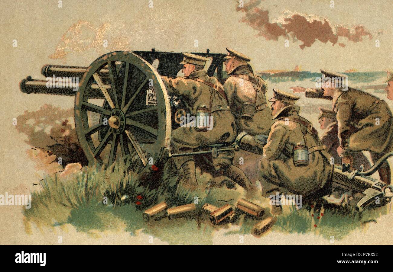 Europa. Primera guerra mundial (1914-1918). Cañón mortero del calibre 18 durante una acción militar. Dibujo de 1919. Stock Photo