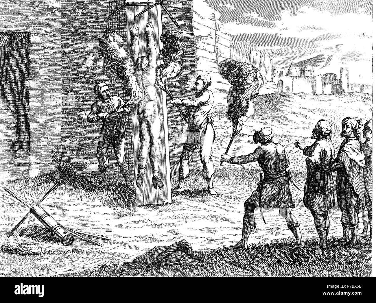 Historia sagrada. Cuerpo de un condenado abrasado con antorchas ardientes. Grabado de 1862. Stock Photo