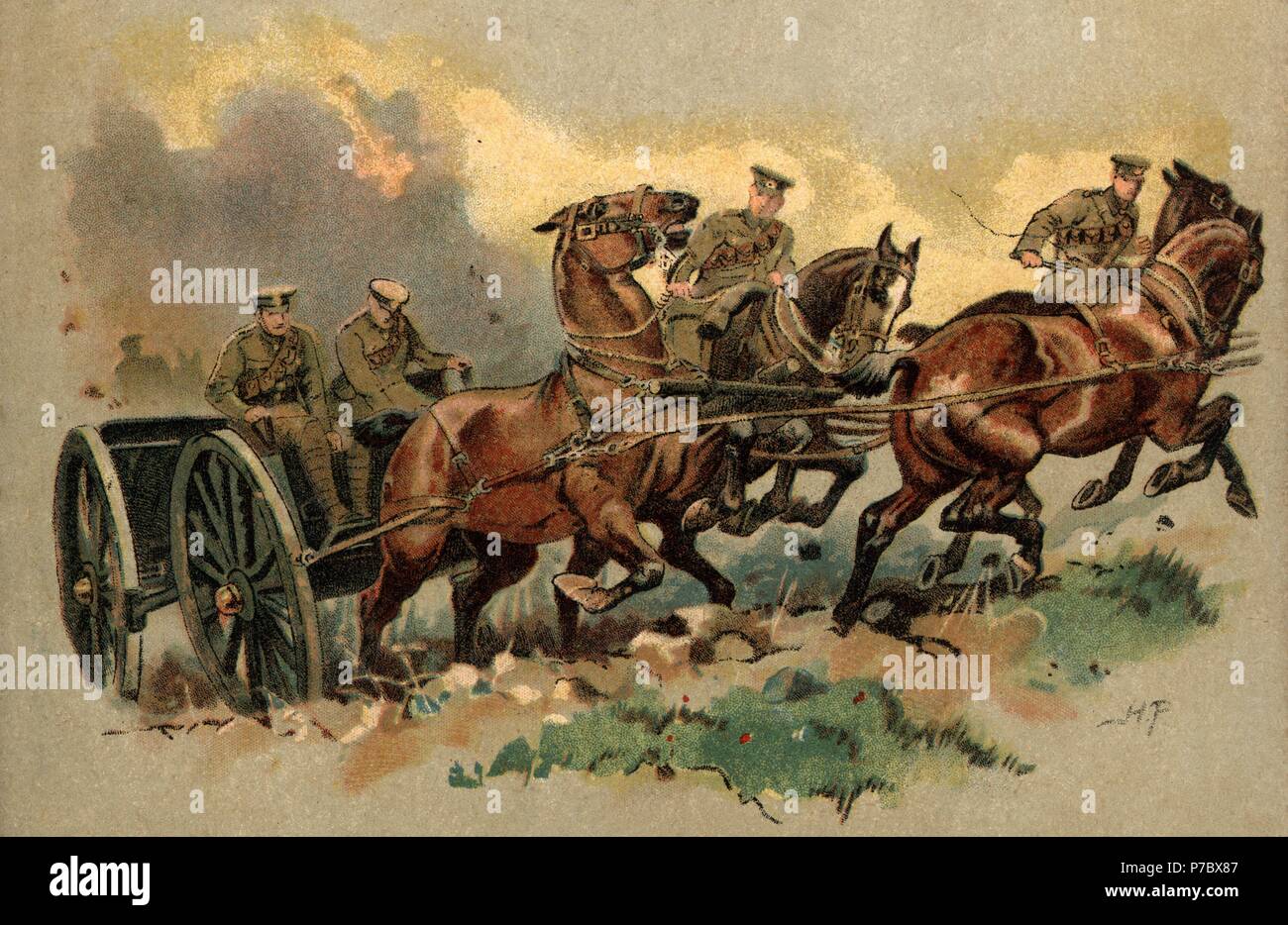 Europa. Primera guerra mundial (1914-1918). Inglaterra. Artillería real de campaña entrando en acción. Dibujo de 1919. Stock Photo