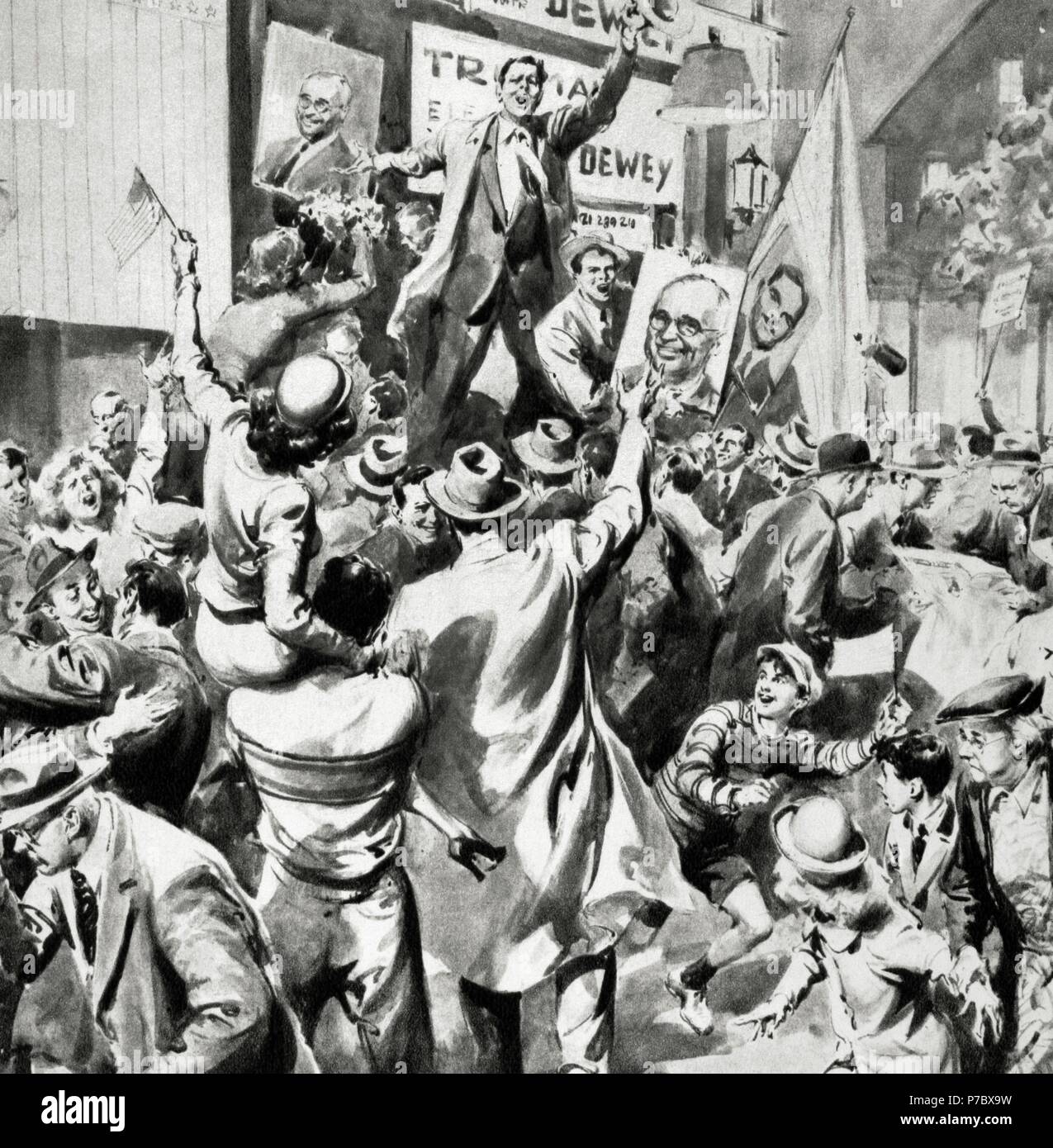 The United States. 20th century. Celebration of the election results in 1945 with the victory of Harry S. Truman (1884-1972) as a new President (1945-1953). Engraving. La Domenica del Corriere. Stock Photo
