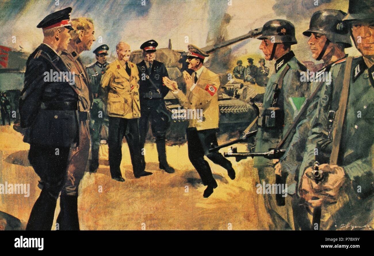 Adolf Hitler (1889-1945), leader of the National Socialist German Workers Party, improvises a speech before his Generals after the cessation of hostilities between the German Third Reich and the French government. Armistice of June 22, 1940. Design by Biffiganndi. La Domenica del Corriere. Stock Photo