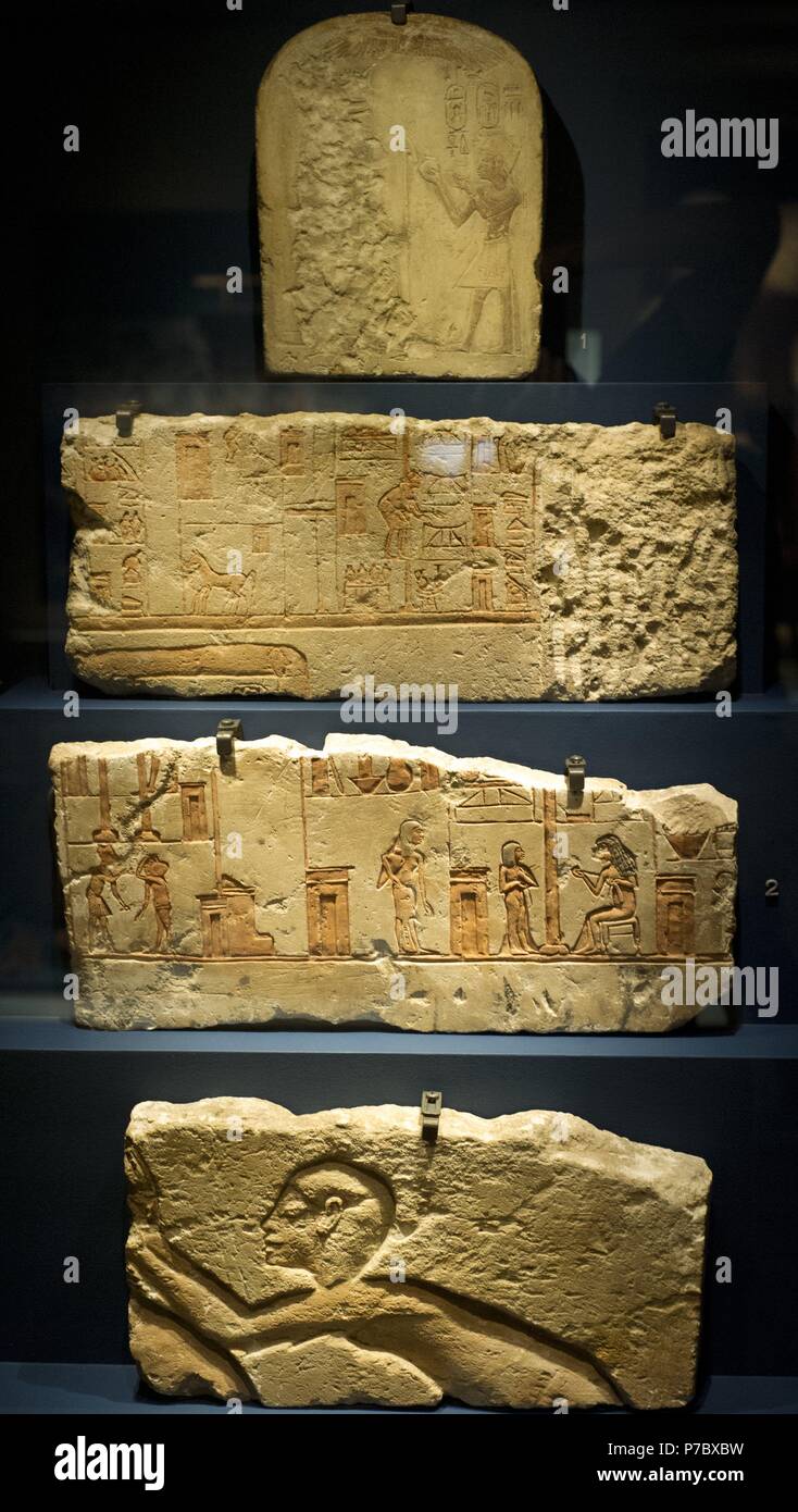 Egypt. Amarna Period (c.1372-1343 BC). Fragments of a wall with reliefs. Tell el-Amarna. Museum of Mediterranean and Near Eastern Antiquities. Stockholm. Sweden. Stock Photo