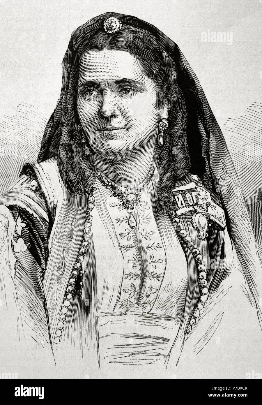 Milena Vukotic (1847-1923). Queen Consort of Montenegro, as wife of King Nicholas I of Montenegro (1920-1918). Portrait. Engraved by Paris in 'La Ilustracio n espan ola y americana', 1875. Stock Photo