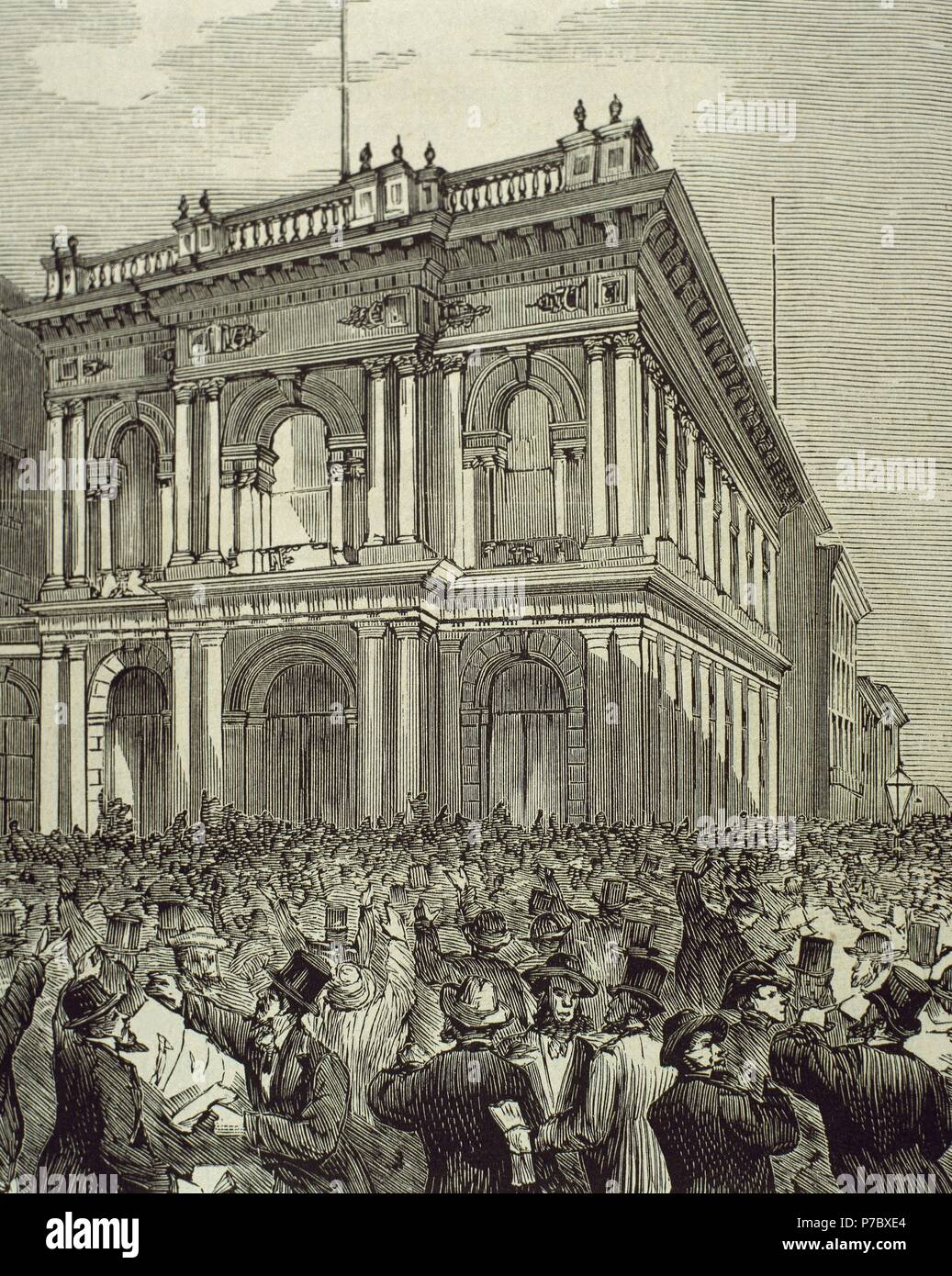 The United States. San Francisco (California). 19th century. Crowd around the bank the day that it suspended payments, August 26th, 1882. Engraving, 1882. Stock Photo