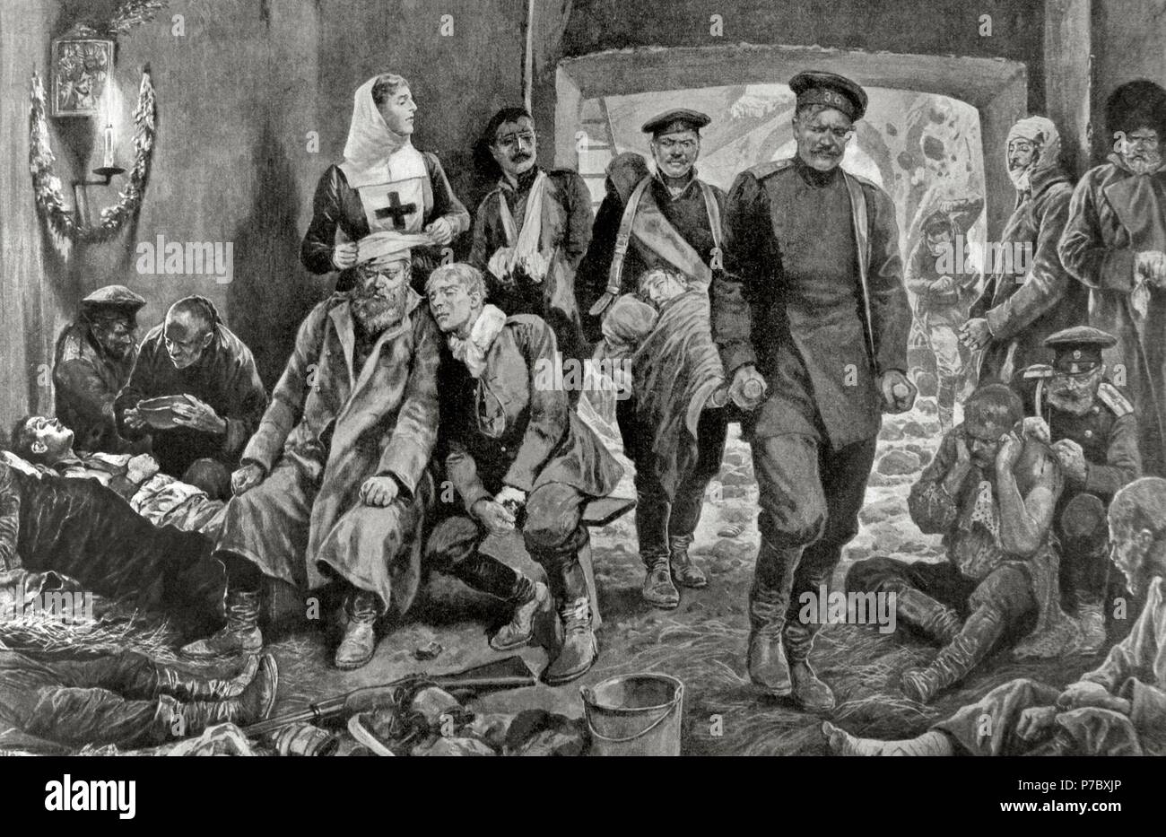 Russo-Japanese War (1904-1905). Campaign hospital of the Russian troops in Manchuria. Arrival of a wounded. Engraving by R. Caton Woodville. 'La Ilustracio n Artistica', 20th century. Stock Photo