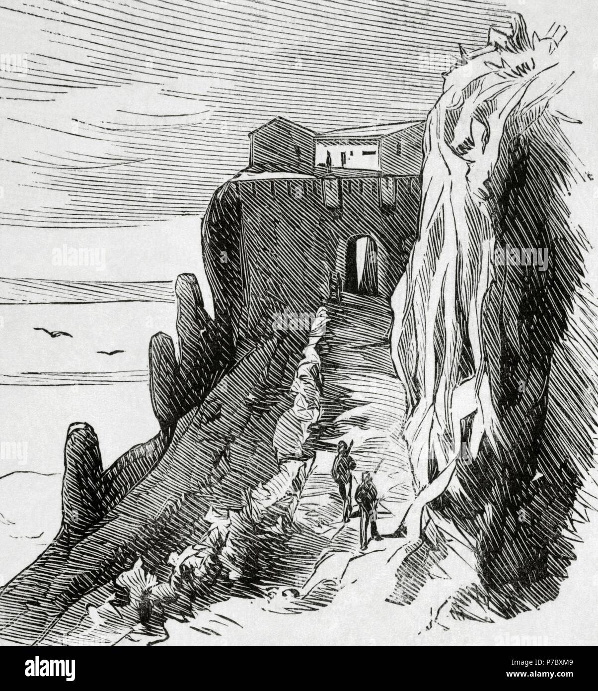 Spain. Third Carlist War (1872-1876). Alava. Fort of San Leon. Entry. Engraving by D. E. Crespo. La Ilustracio n Espan ola y Americana, 1876. Stock Photo