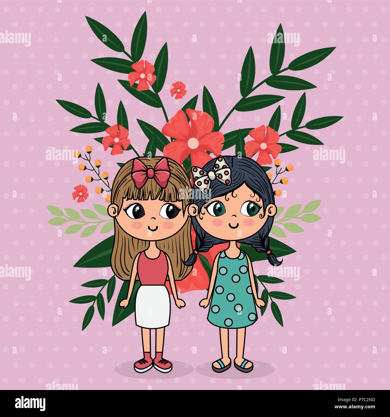 cute girls couple characters with floral decoration frame vector ...
